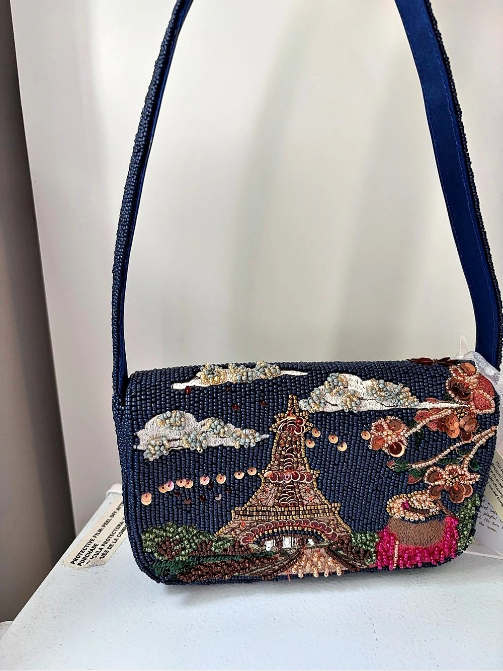 Sol and Mer Paris Cafe Eiffel Tower Beaded Shoulder Bag Blue & Pink Like New